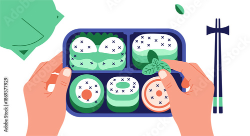 Hands Preparing Sushi Rolls with Chopsticks.