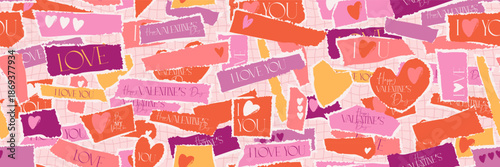 Valentine's day torn paper collage seamless pattern. Vector ripped edge retro love quote sticker bg. Funky groovy love banner. Grungy red and pink cutout hearts, sticky notes and washy tape elements