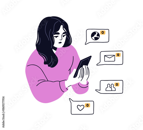 Loneliness concept. Woman alone, looking at phone, feeling sad, lonely about empty chats. Abandoned ignored outcast, waiting for message or call. Flat vector illustration isolated on white background