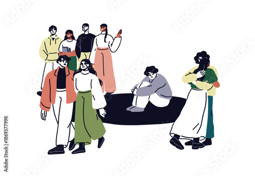 Loneliness. Single man alone and sad, feeling lonely. Outcast, outsider excluded and abandoned from society. Psychology concept, social isolation. Flat vector illustration isolated on white background