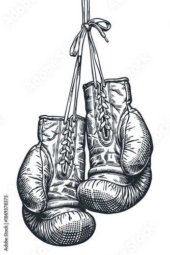 A pair of old, worn boxing gloves hanging on a lace. Hand-drawn vector illustration in a vintage engraving or woodcut style. Symbol of retirement or fight.