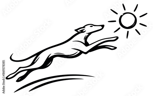 Line art illustration of a greyhound dog depicting leaping towards the sun for energy and freedom concepts