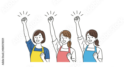 Group of happy women in colorful aprons raising their fists in a gesture of unity, strength, and mutual encouragement.