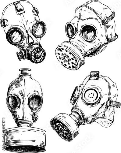 Collection of vintage gas masks illustrated in black and white.