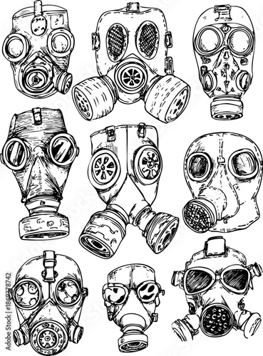 Collection of various illustrations of vintage gas masks.