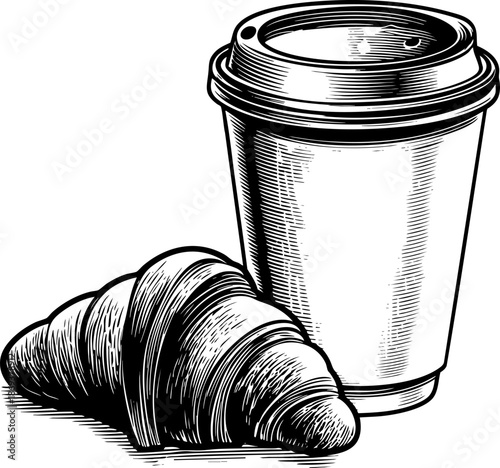 Stylized illustration of a croissant beside a coffee cup.