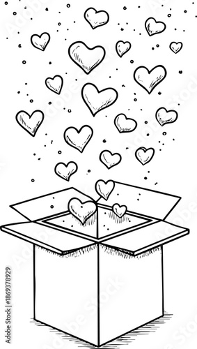 Sketch of an open box releasing heart shapes into the air.