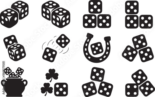 Twelve black silhouette icons of dice, a horseshoe, and a pot of gold gambling game