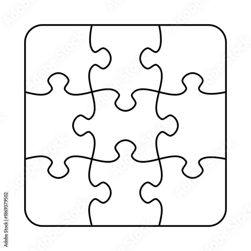 Jigsaw puzzle pieces blank template. Cutting lines simple grid design for baby jigsaw square puzzle - 9 pieces.