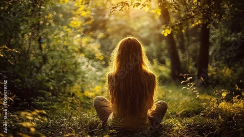 A serene woman in a lush green forest
