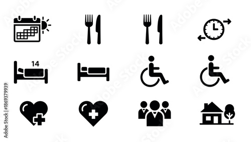 Essential healthcare and accessibility icons in silhouette style