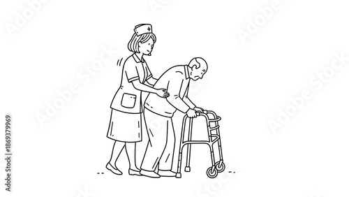 Caring nurse assisting elderly man with walker in simple line art style