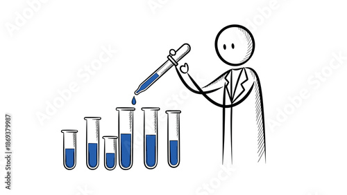 Stick figure scientist filling blue liquid in test tubes
