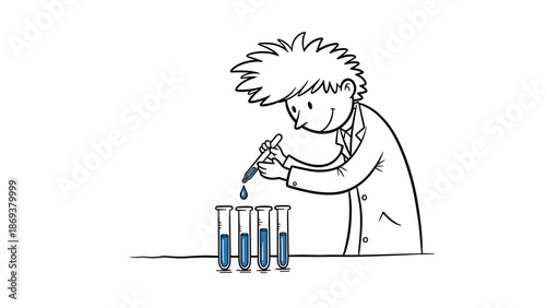 Cartoon scientist conducting experiment with test tubes in comic style