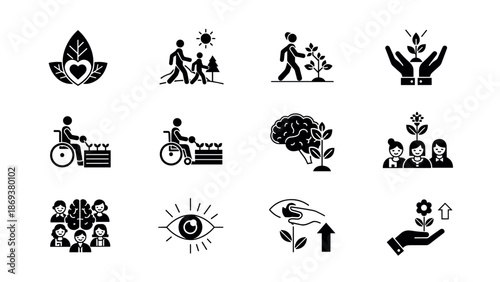 Inclusive nature conservation icons: human creativity in black silhouette