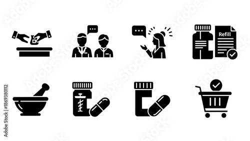 Pharmacy icons: healthcare, medicine, prescription refill, communication, shopping