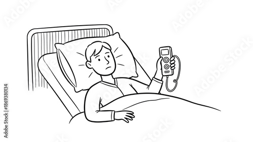 Linear drawing of patient in hospital bed holding remote for assistance