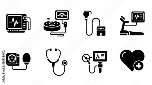 Medical equipment icons set featuring monitoring devices and heart rate machines