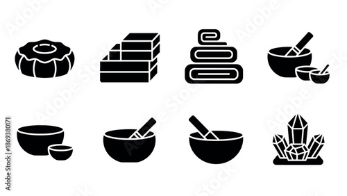 Silhouette icons of kitchenware and wellness items for modern design projects