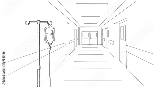 Linear hospital corridor with iv stand illustration in minimalist style