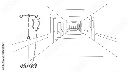 Linear drawing of hospital corridor with iv stand in perspective