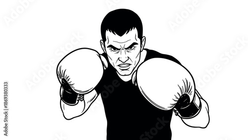 Dynamic boxer in action: black and white graphic art of athlete in boxing gloves, fighting pose