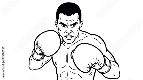 Dynamic boxing pose of a male fighter in black and white line art