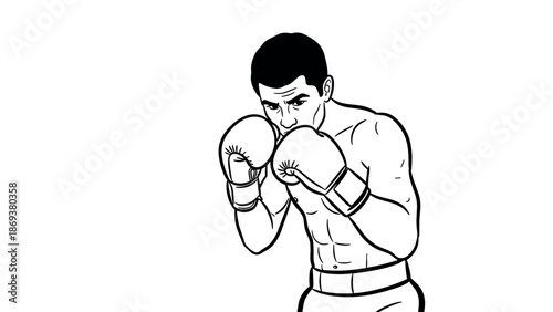 Boxer in fighting stance: black and white sport sketch