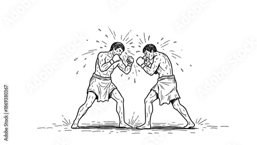 Dynamic fighting scene of two boxers in engaged combat with splashing sweat in a linear style