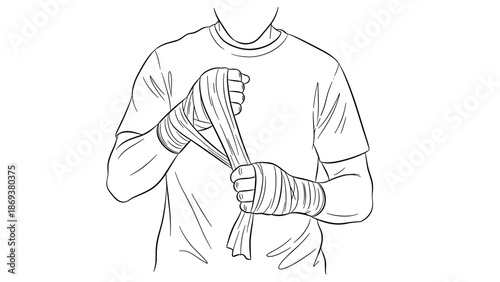 Monochrome line art of boxer wrapping hands in bandages