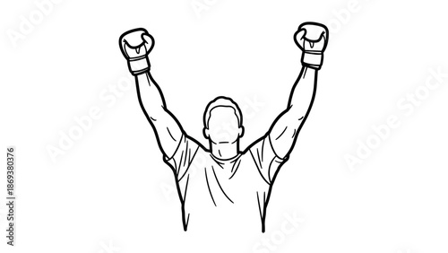Victory celebration: outline of a boxer with raised arms in triumph