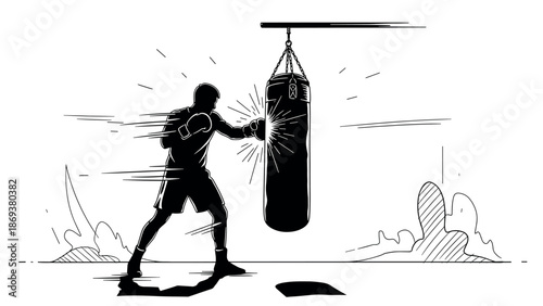 Dynamic boxing training: silhouette of boxer punching bag in action