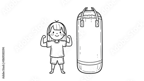Child flexing muscles next to punching bag in outline art style