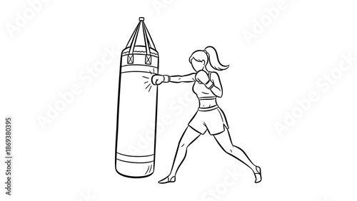 Female boxer training with punching bag in outline style