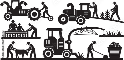 Farmers working with tractors and harvesting crops illustration