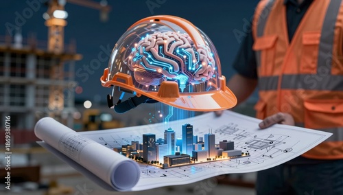 A construction worker holds blueprints displaying a futuristic city with a digital brain inside a hard hat