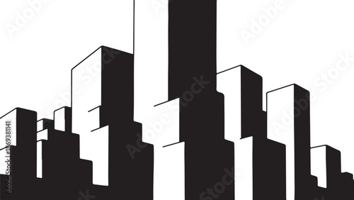 Black and white cityscape with modern skyscrapers illustration