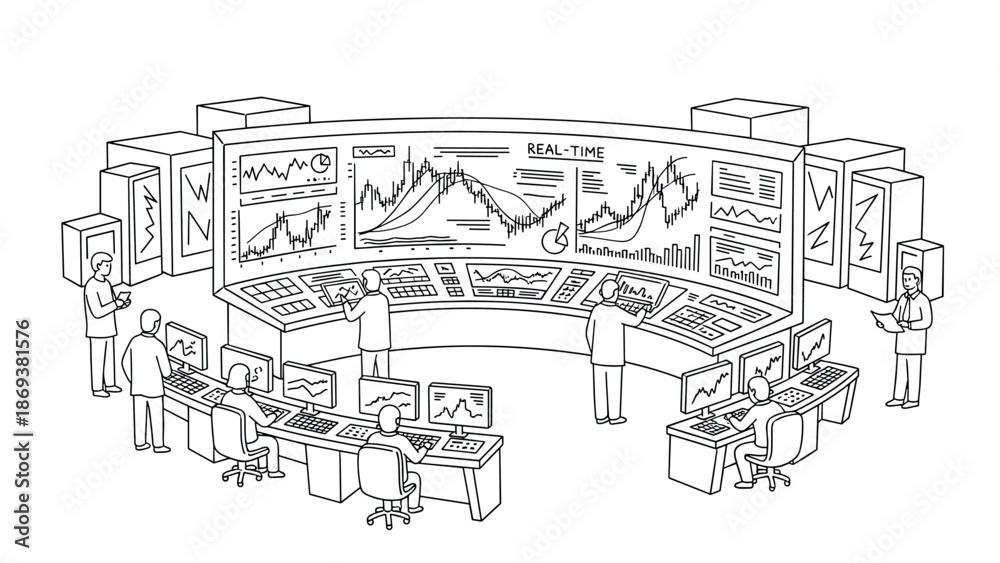 Naklejka premium Linear control room with real-time data management and analysis