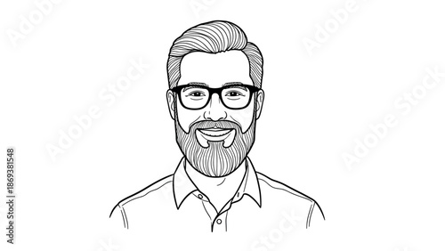 Hand-drawn portrait of smiling bearded man with glasses in black and white