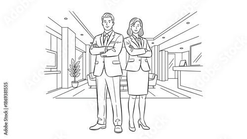 Business team in office setting: confident professionals in modern workplace environment