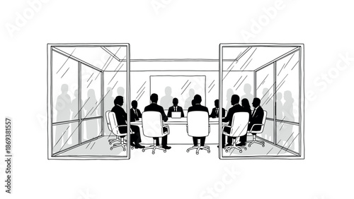Business meeting in glass office: silhouette group in modern workspace