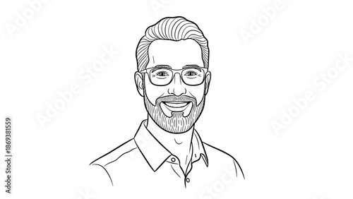 Hand drawn portrait of smiling man with glasses and beard on white background