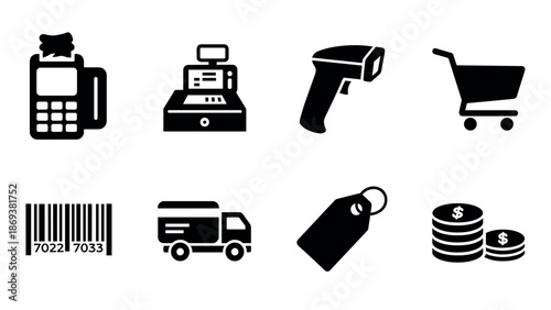 Black silhouette icons of shopping tools set for retail and e-commerce