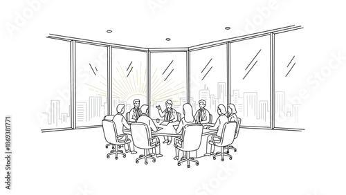 Business meeting in modern office with skyline view in linear style