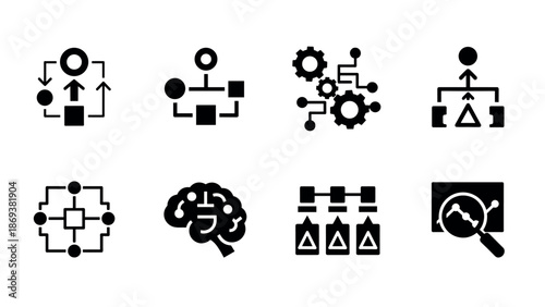 Set of black icon diagrams for data analysis and process automation