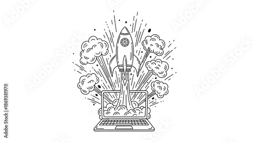 Hand drawn rocket launching from laptop with explosive clouds