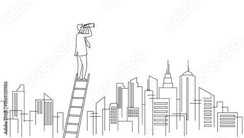 Businessman on ladder observing city skyline with telescope in linear style