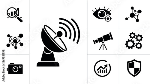 Black and white technology icons including satellite, molecular, and security elements