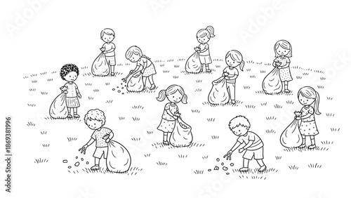 Children participating in community clean-up activity in outline style