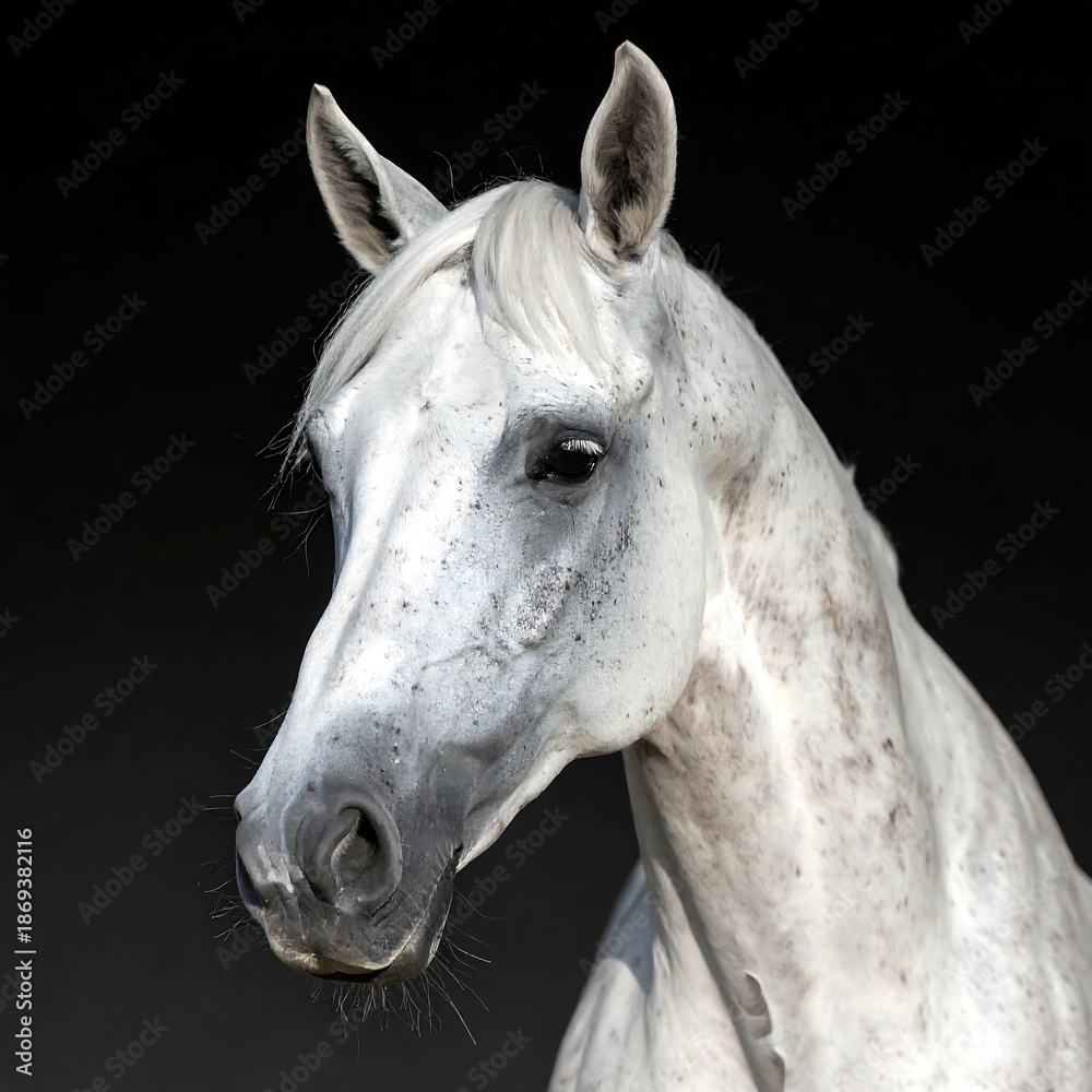 Fototapeta premium Close-up of a majestic grey equine against a stark black backdrop